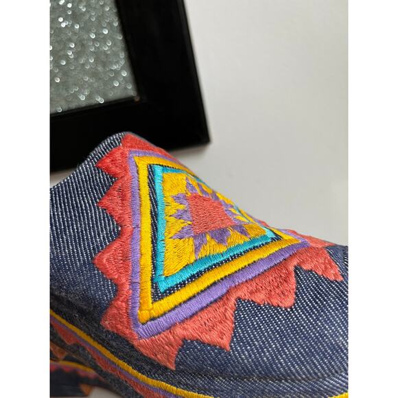 Vintage 60s Edouard Jerrold Denim Platform Mules | Embroidered Southwest | Sz 6 - Picture 3 of 10